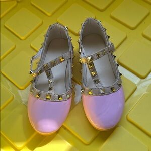 Studded Patent Mary Jane Flats - Pink & Beige